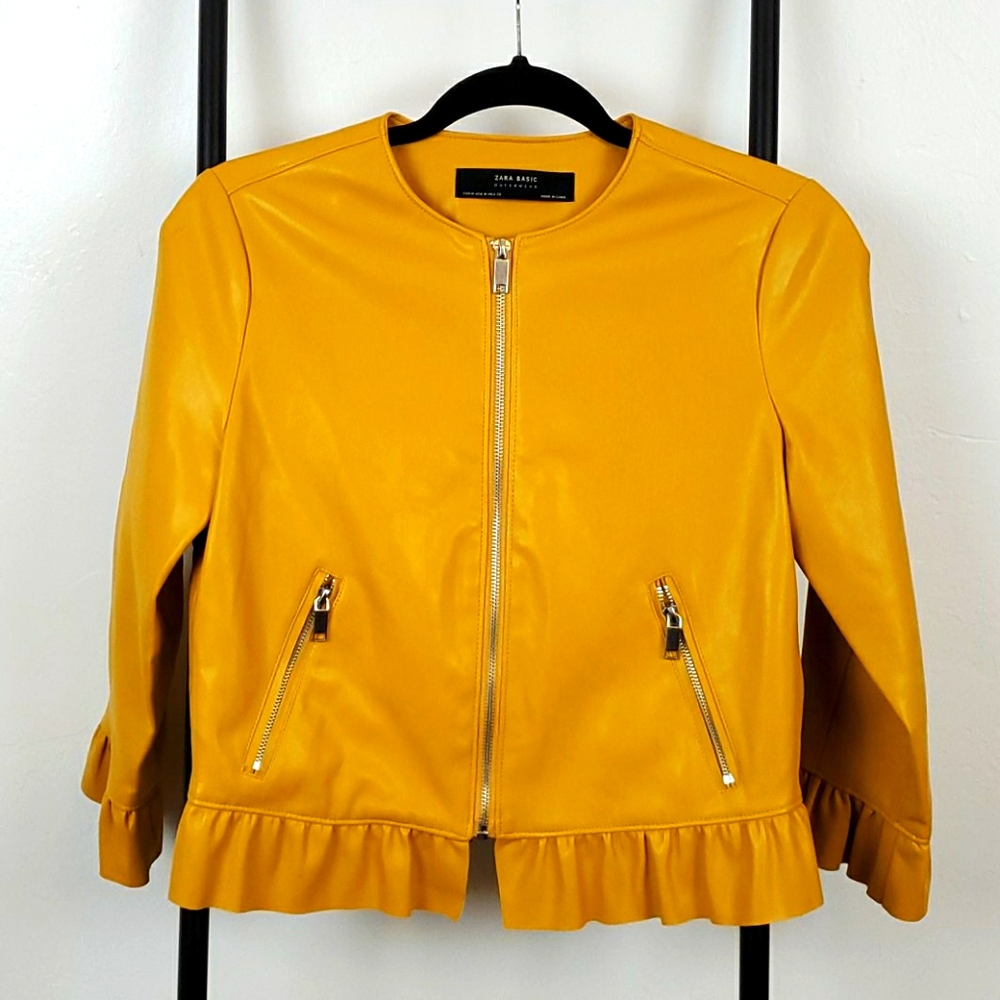 ZARA M Basic Yellow Cropped Jacket Full Zip Ruffle Trim
